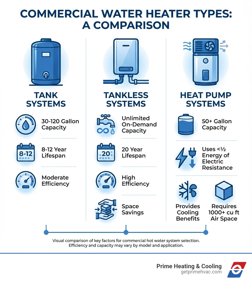 Infographic comparing commercial water heater types: Tank systems show 30-120 gallon capacity, 8-12 year lifespan, and moderate efficiency; Tankless systems show unlimited on-demand capacity, 20 year lifespan, and high efficiency with space savings; Heat Pump systems show 50+ gallon capacity, uses less than half the energy of electric resistance units, provides cooling benefits, and requires 1000+ cubic feet of air space - commercial hot water systems infographic 