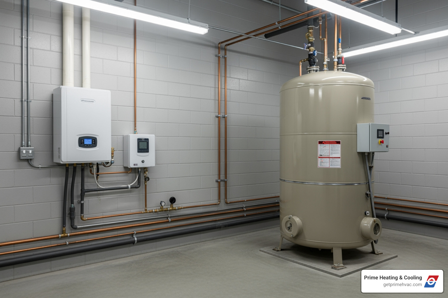 large commercial storage tank water heater next to a wall-mounted tankless unit - commercial hot water systems