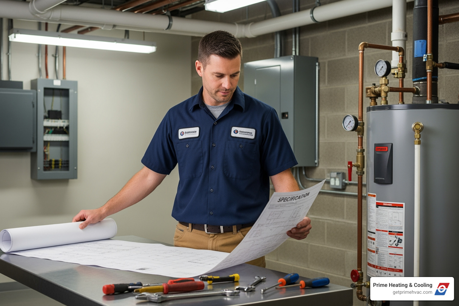technician reviewing blueprints and a water heater spec sheet - commercial water heater installation