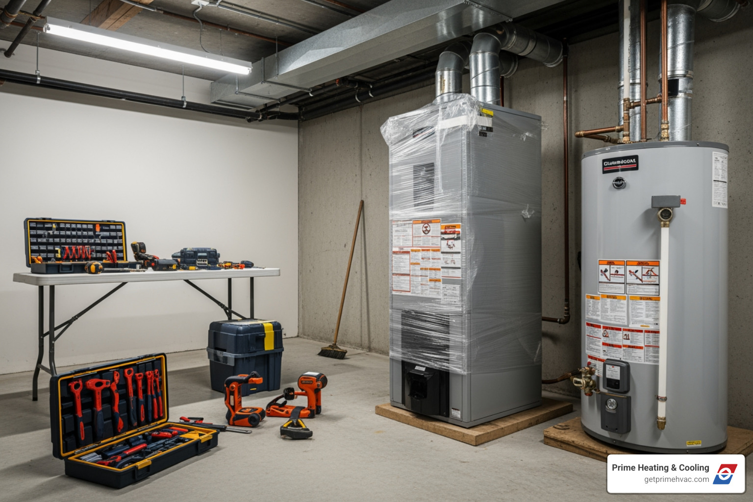 prepared installation site with tools and new water heater ready - commercial water heater installation