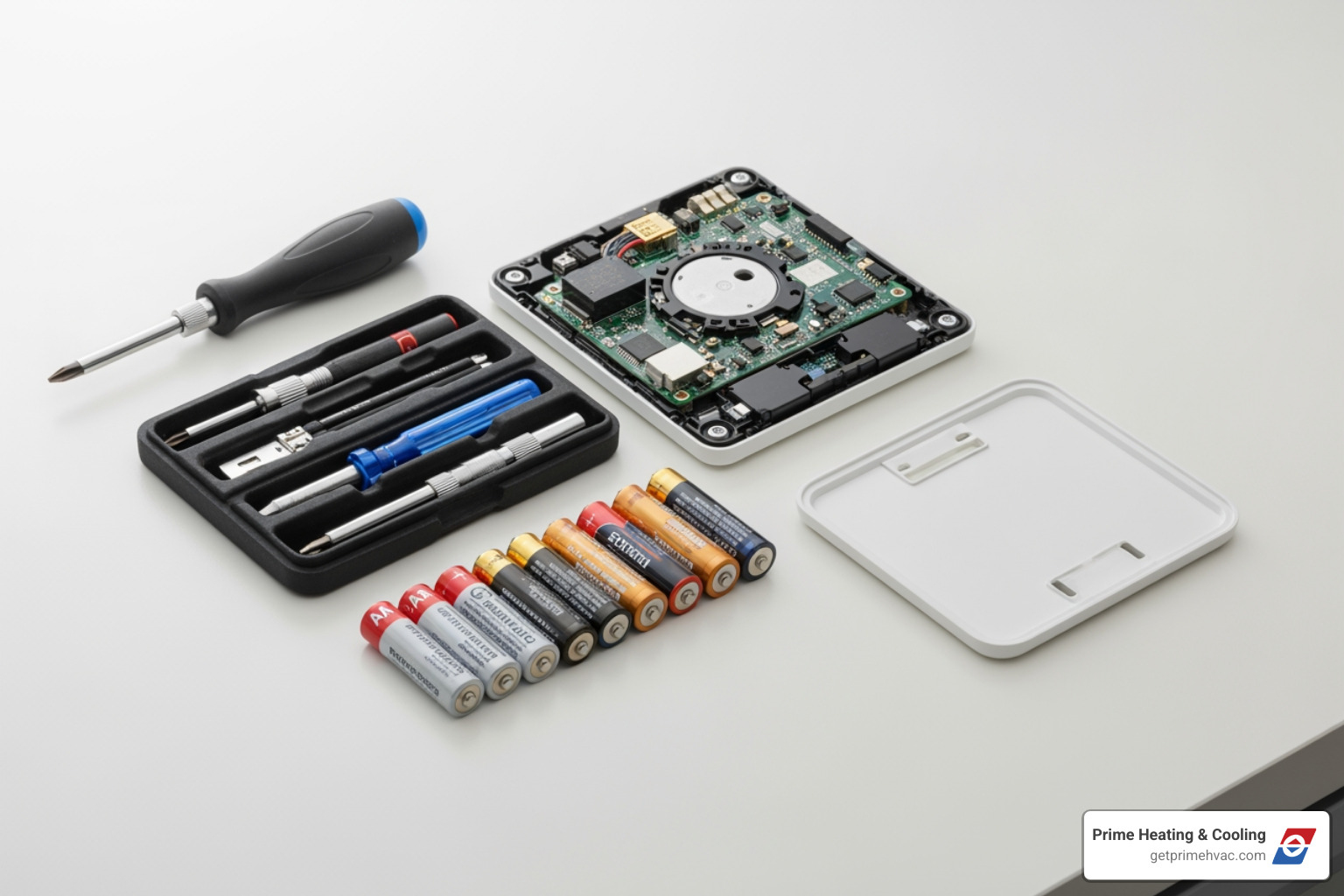 toolkit with screwdriver and batteries next to a smart thermostat baseplate - Smart thermostat repair