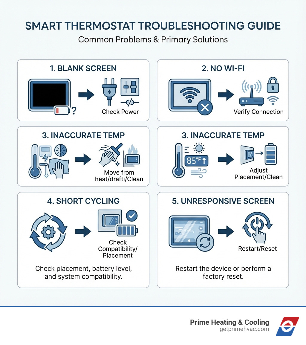 infographic showing five common smart thermostat problems with icons: blank screen with battery symbol, wifi symbol with X, thermometer showing wrong temperature, cycling arrows for short cycling, and unresponsive screen with restart icon, each paired with its primary solution - Smart thermostat repair infographic 