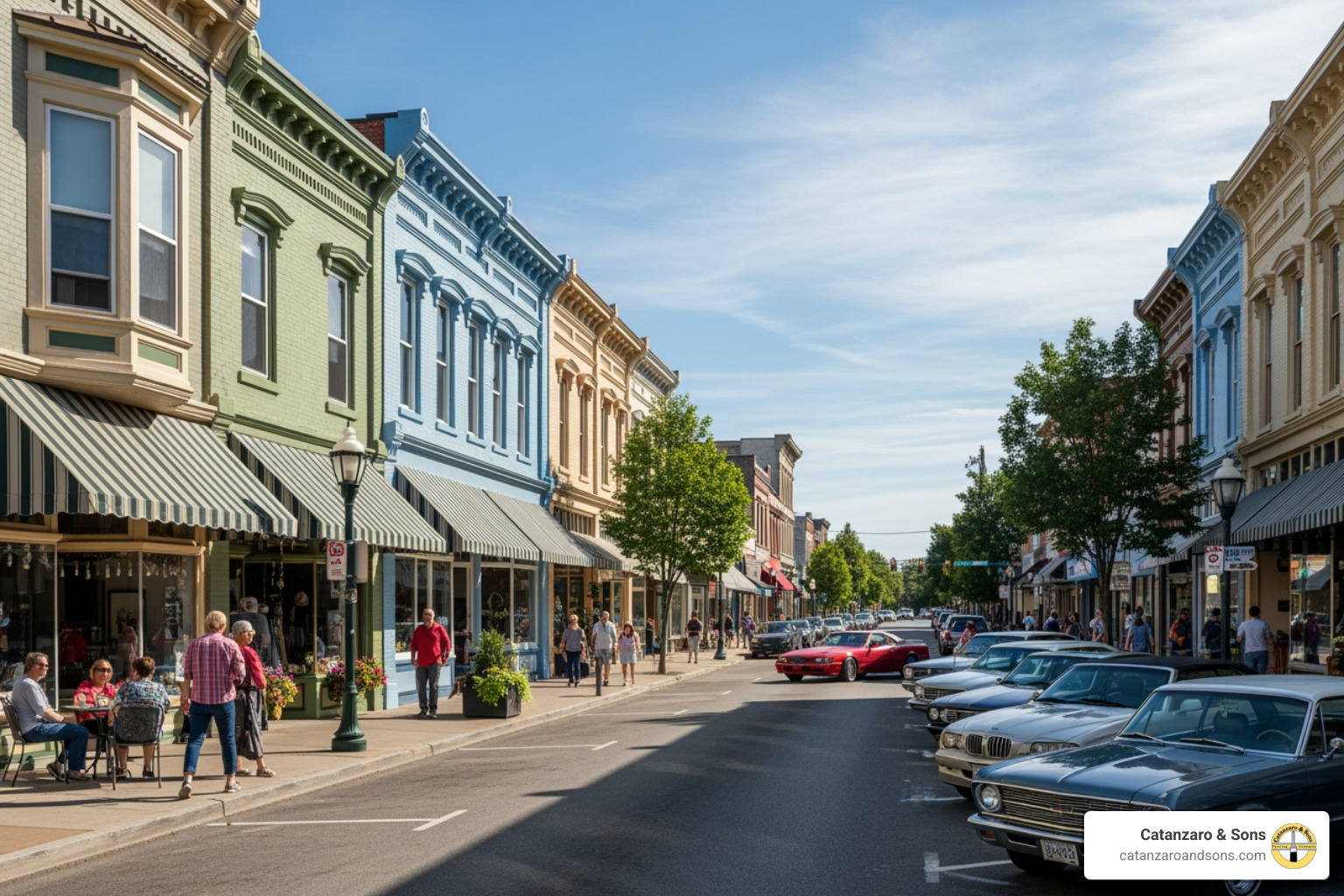 Revitalized main street with restored storefronts - restoring old buildings Revitalized main street with restored storefronts - restoring old buildings