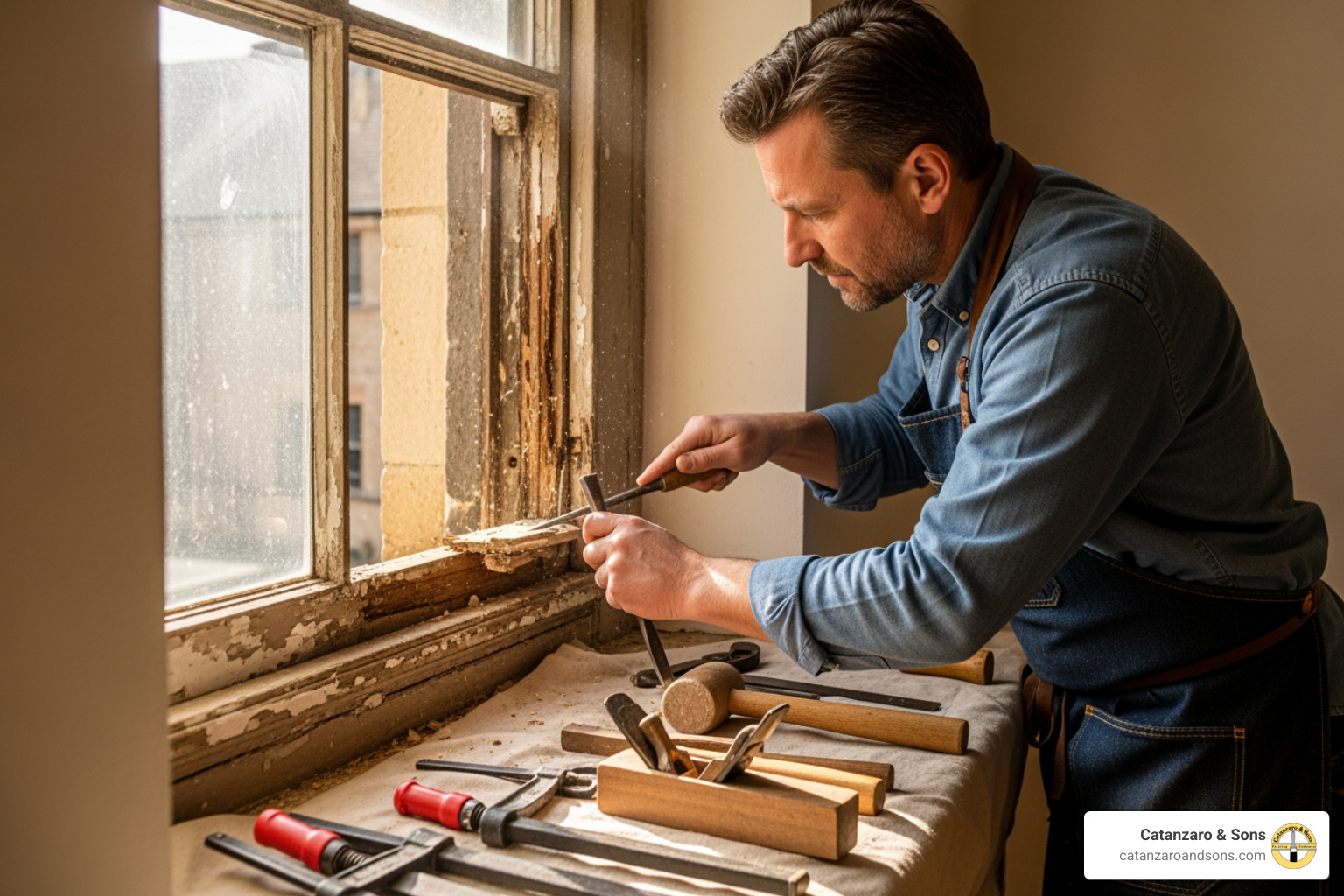 Skilled carpenter repairing original window frame - restoring old buildings Skilled carpenter repairing original window frame - restoring old buildings