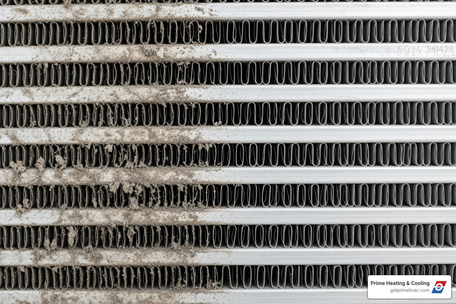 A close-up image showing a dirty evaporator coil with visible dust and grime next to a section of a clean, shiny evaporator coil, highlighting the contrast. - HVAC evaporator coil cleaning