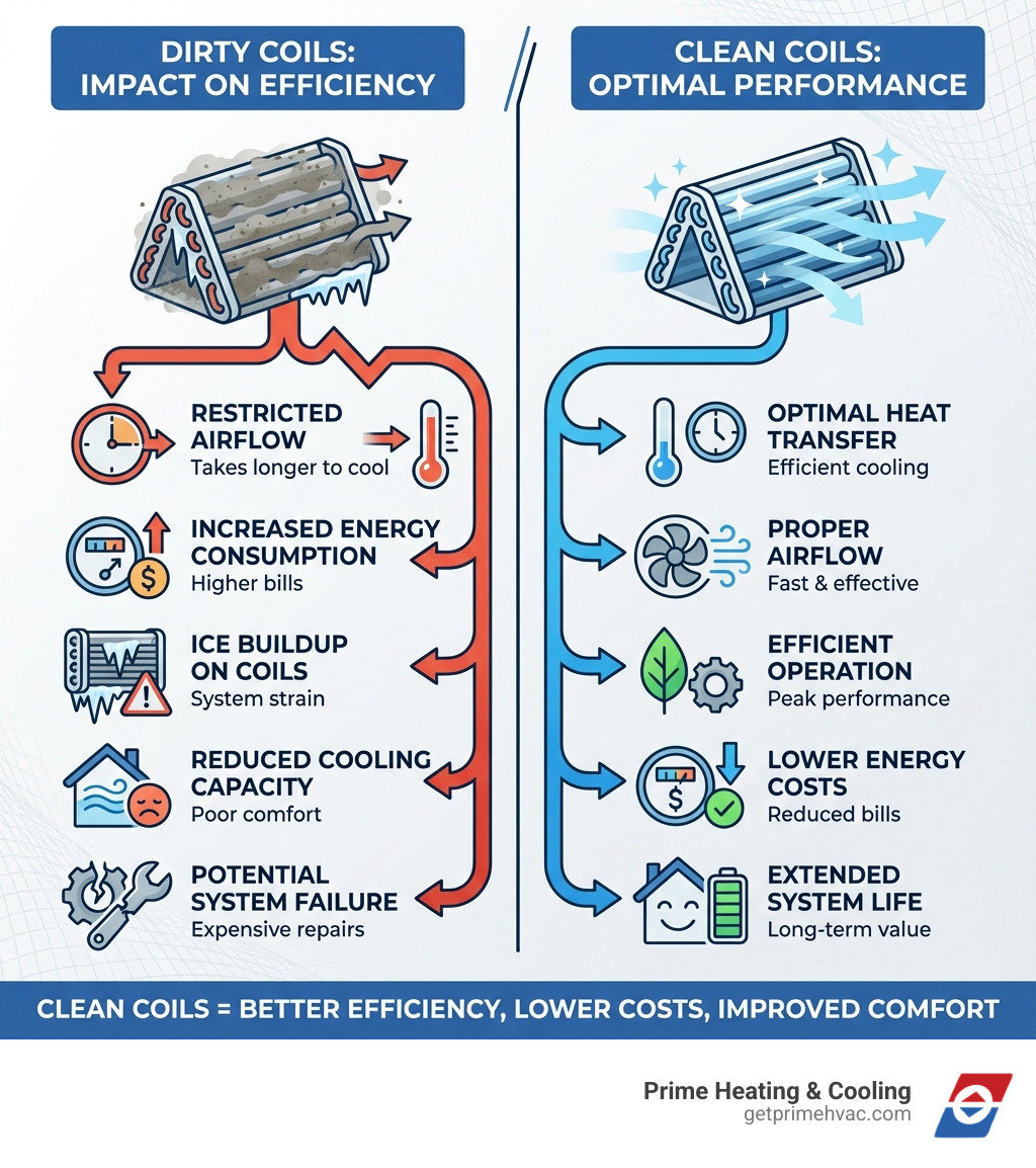 Infographic showing the impact of dirty coils on HVAC efficiency: dirty coils cause restricted airflow (takes longer to cool), increased energy consumption (higher bills), ice buildup on coils (system strain), reduced cooling capacity (poor comfort), and potential system failure (expensive repairs). Clean coils restore optimal heat transfer, proper airflow, efficient operation, lower energy costs, and extended system life. - HVAC evaporator coil cleaning infographic 