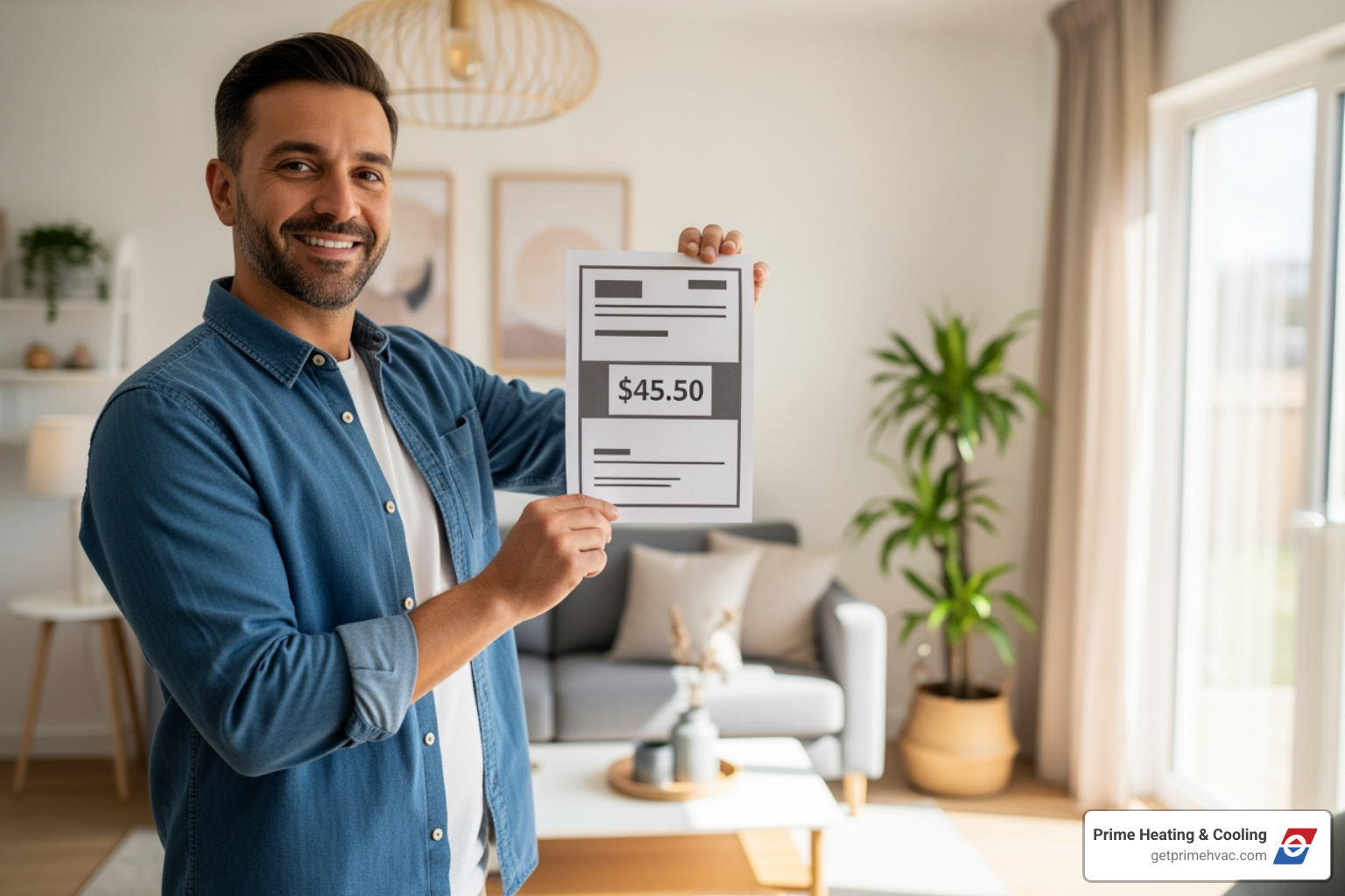 homeowner looking happily at a low utility bill - hvac maintenance