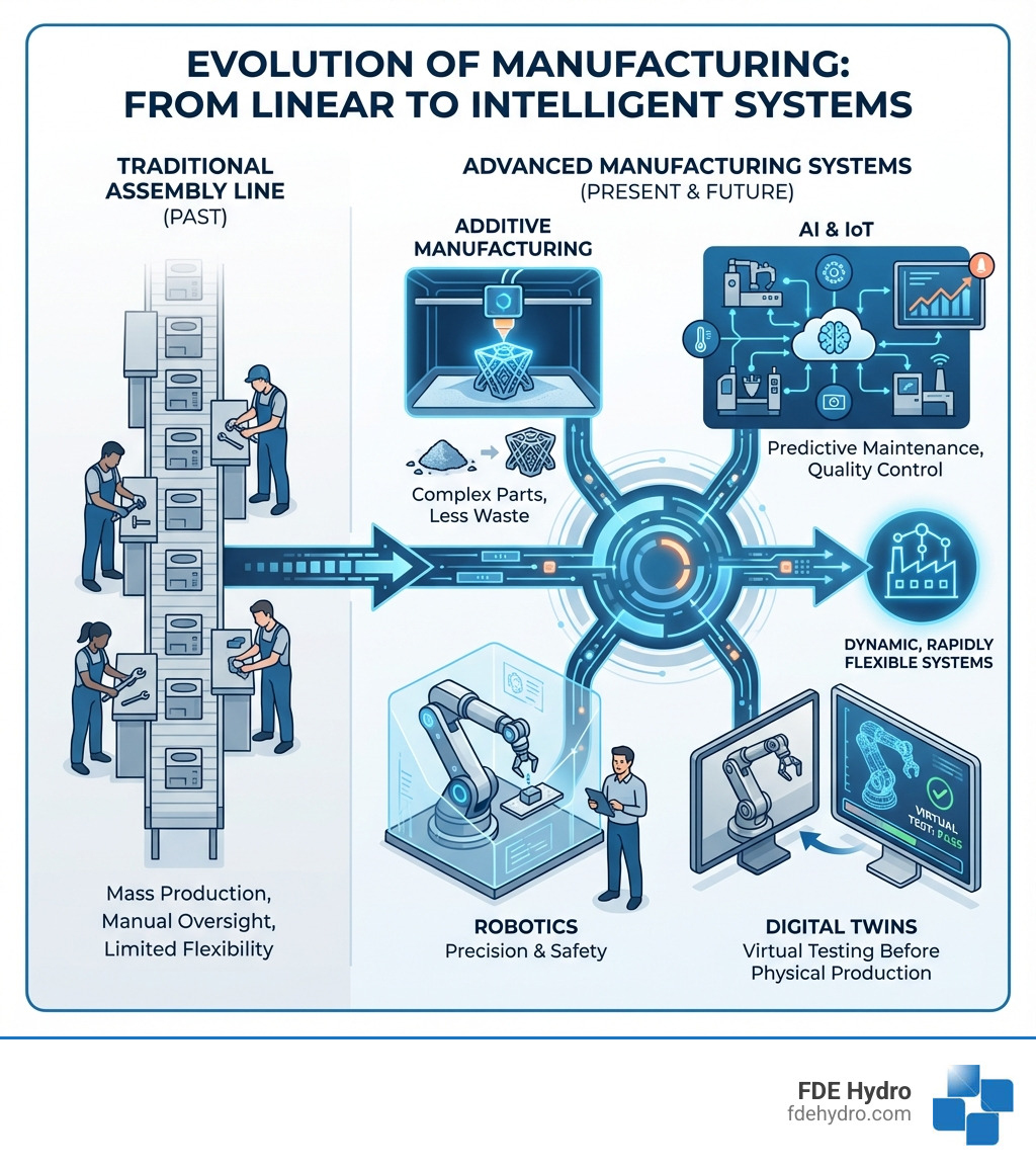 Infographic showing the evolution from traditional assembly lines to advanced manufacturing systems, highlighting key technologies: additive manufacturing for complex parts with less waste, AI and IoT for predictive maintenance and quality control, robotics for precision and safety, and digital twins for virtual testing before physical production - Advanced manufacturing techniques infographic 
