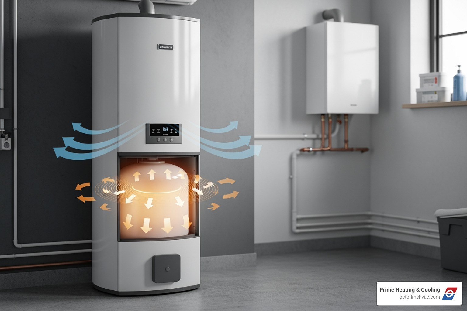Image of a heat pump water heater showing how it draws in ambient air - Rhode Island water heaters