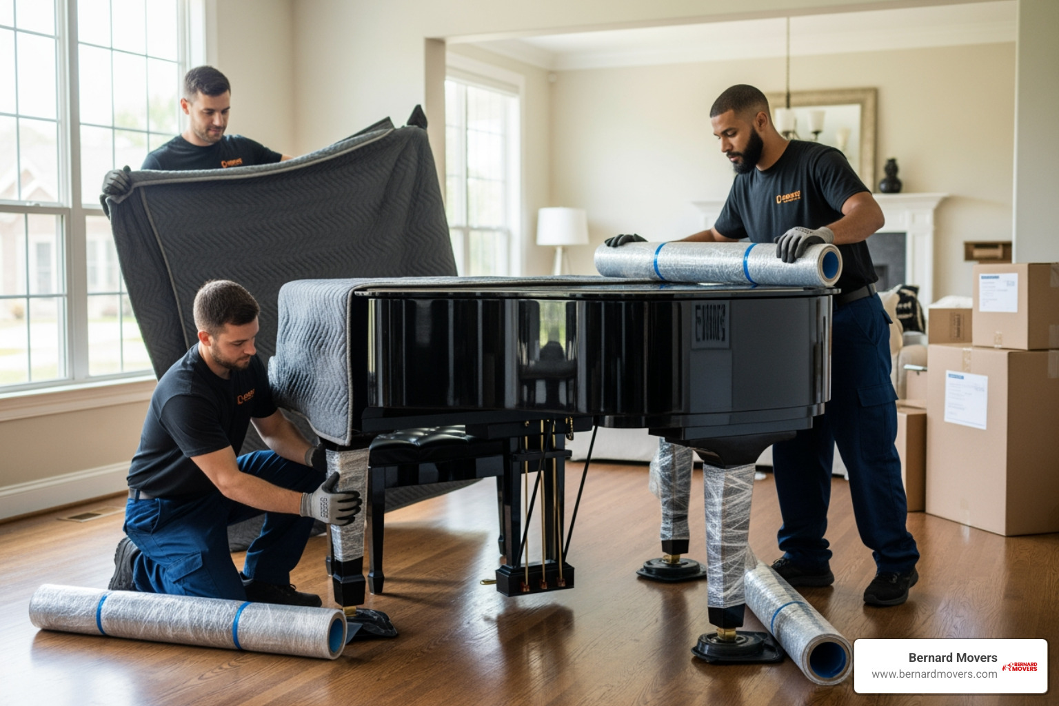 movers carefully wrapping a piano for transport - complete moving services