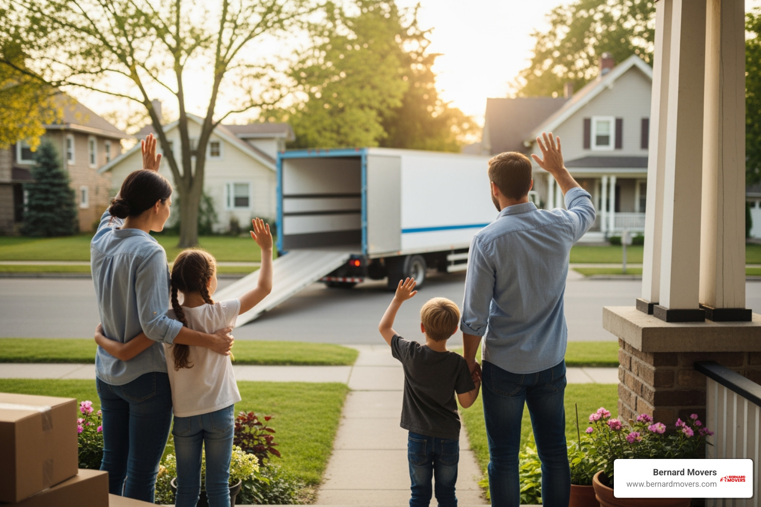 family waving goodbye to moving truck - complete moving services