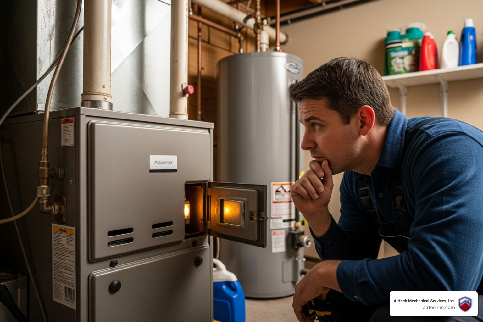 Infographic showing five warning signs your furnace needs repair: unusual banging or rattling noises, inconsistent heating with cold spots in rooms, yellow or flickering pilot light flame, sudden spike in energy bills, and frequent cycling on and off - furnace repair in hampstead, nc