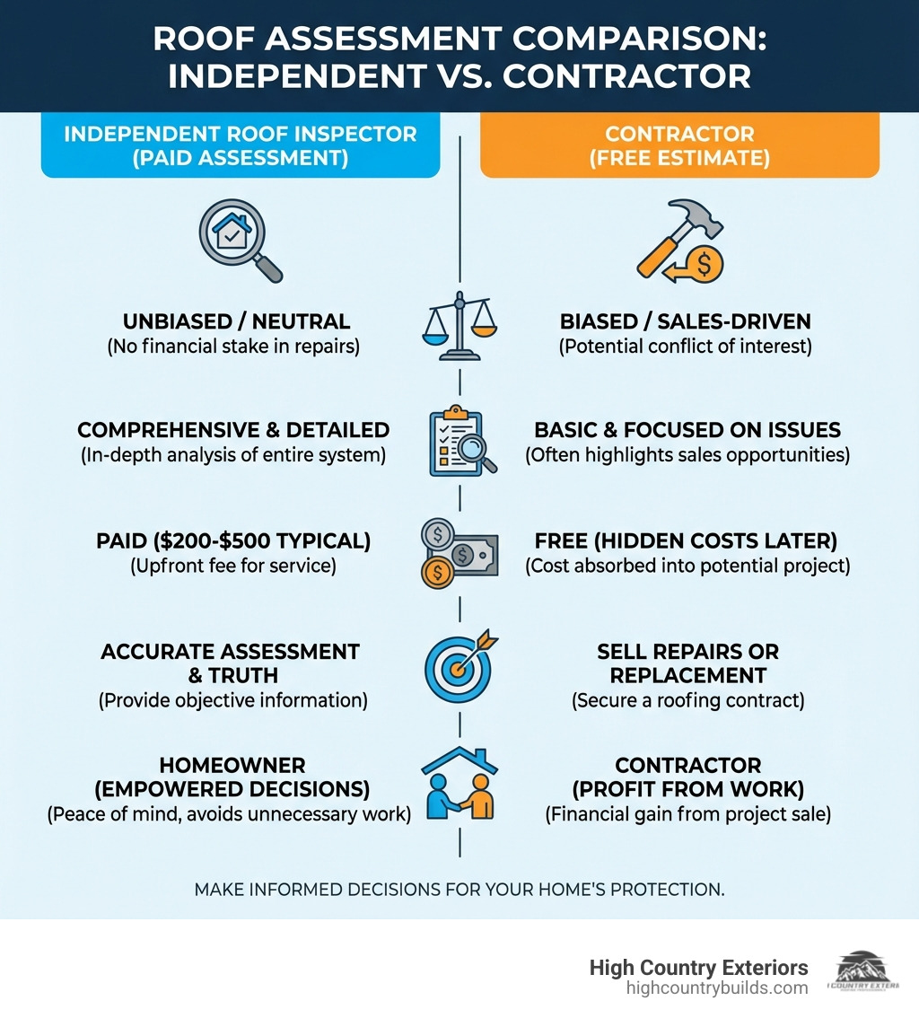 Infographic comparing independent roof inspector paid assessment versus contractor free estimate showing differences in objectivity, detail level, typical cost, primary goal, and who benefits - independent roof inspector near me infographic Infographic comparing independent roof inspector paid assessment versus contractor free estimate showing differences in objectivity, detail level, typical cost, primary goal, and who benefits - independent roof inspector near me infographic