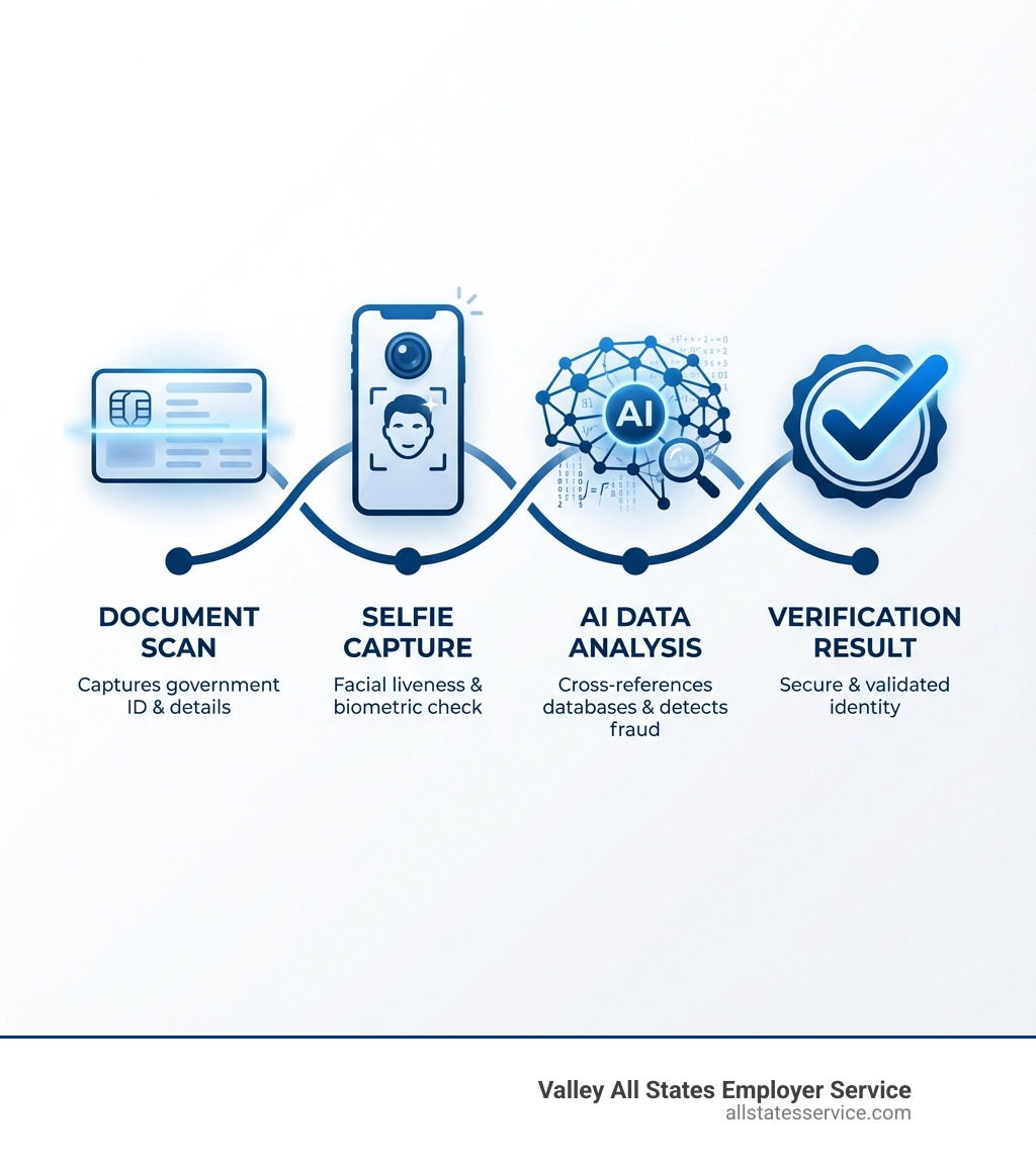 infographic showing the basic steps of digital identity verification: document scan with ID card icon, selfie capture with camera icon, data analysis with AI processing visual, and verification result with checkmark - Identity verification solution infographic infographic showing the basic steps of digital identity verification: document scan with ID card icon, selfie capture with camera icon, data analysis with AI processing visual, and verification result with checkmark - Identity verification solution infographic