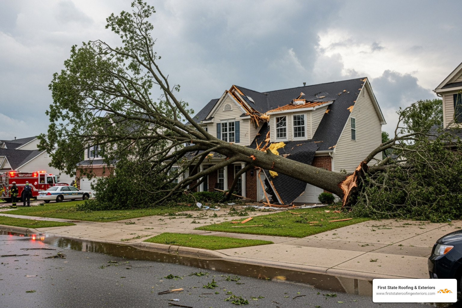large fallen tree on a house in Dover - storm damage Dover DE