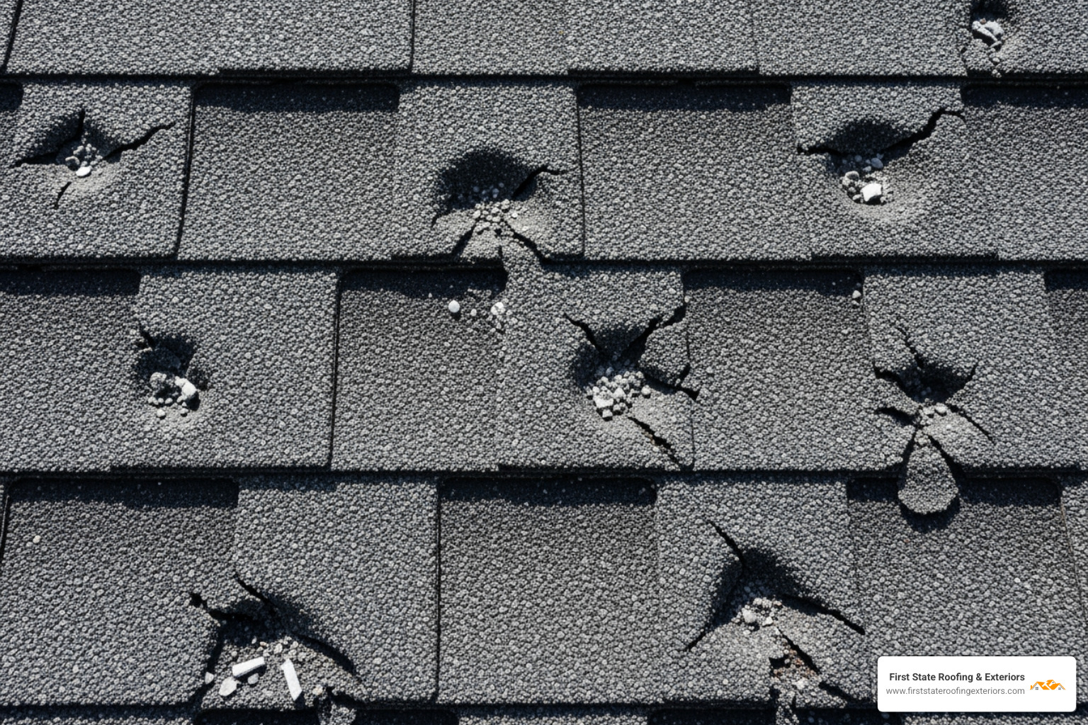 hail impact marks on an asphalt shingle - storm damage Dover DE