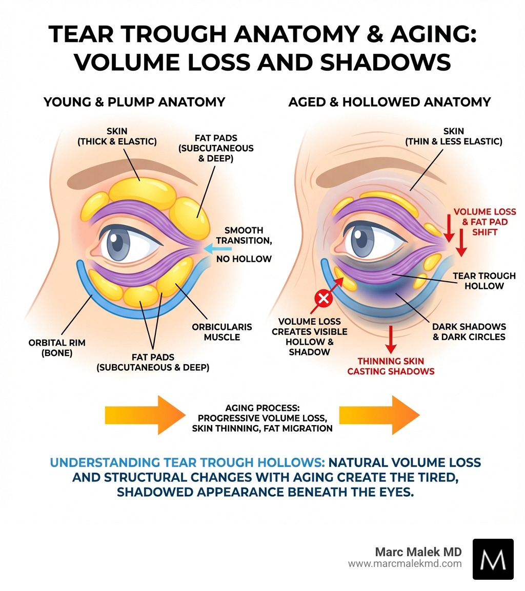 Infographic showing the anatomy of the tear trough area, including the orbital rim, fat pads, orbicularis muscle, and how aging causes volume loss and skin thinning that create the hollow appearance and dark shadows under the eyes - dermal filler tear trough infographic Infographic showing the anatomy of the tear trough area, including the orbital rim, fat pads, orbicularis muscle, and how aging causes volume loss and skin thinning that create the hollow appearance and dark shadows under the eyes - dermal filler tear trough infographic