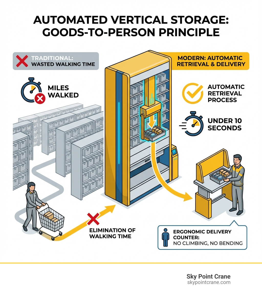 infographic showing goods-to-person principle with automated vertical storage retrieving items and delivering them to operator workstation, highlighting elimination of walking time, automatic retrieval process, and ergonomic delivery counter - industrial vertical storage infographic infographic showing goods-to-person principle with automated vertical storage retrieving items and delivering them to operator workstation, highlighting elimination of walking time, automatic retrieval process, and ergonomic delivery counter - industrial vertical storage infographic