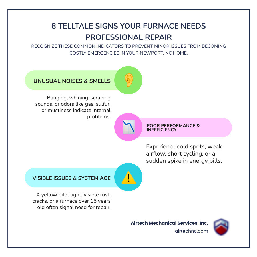 Infographic showing 8 common signs your furnace needs professional repair: unusual noises like banging or whining, strange smells including gas or sulfur odors, cold spots or uneven heating throughout the home, furnace cycling on and off frequently, weak airflow from vents, spiking energy bills without increased usage, yellow pilot light instead of blue, and visible rust or cracks on the unit - best furnace repair in newport, nc infographic infographic-line-3-steps-colors