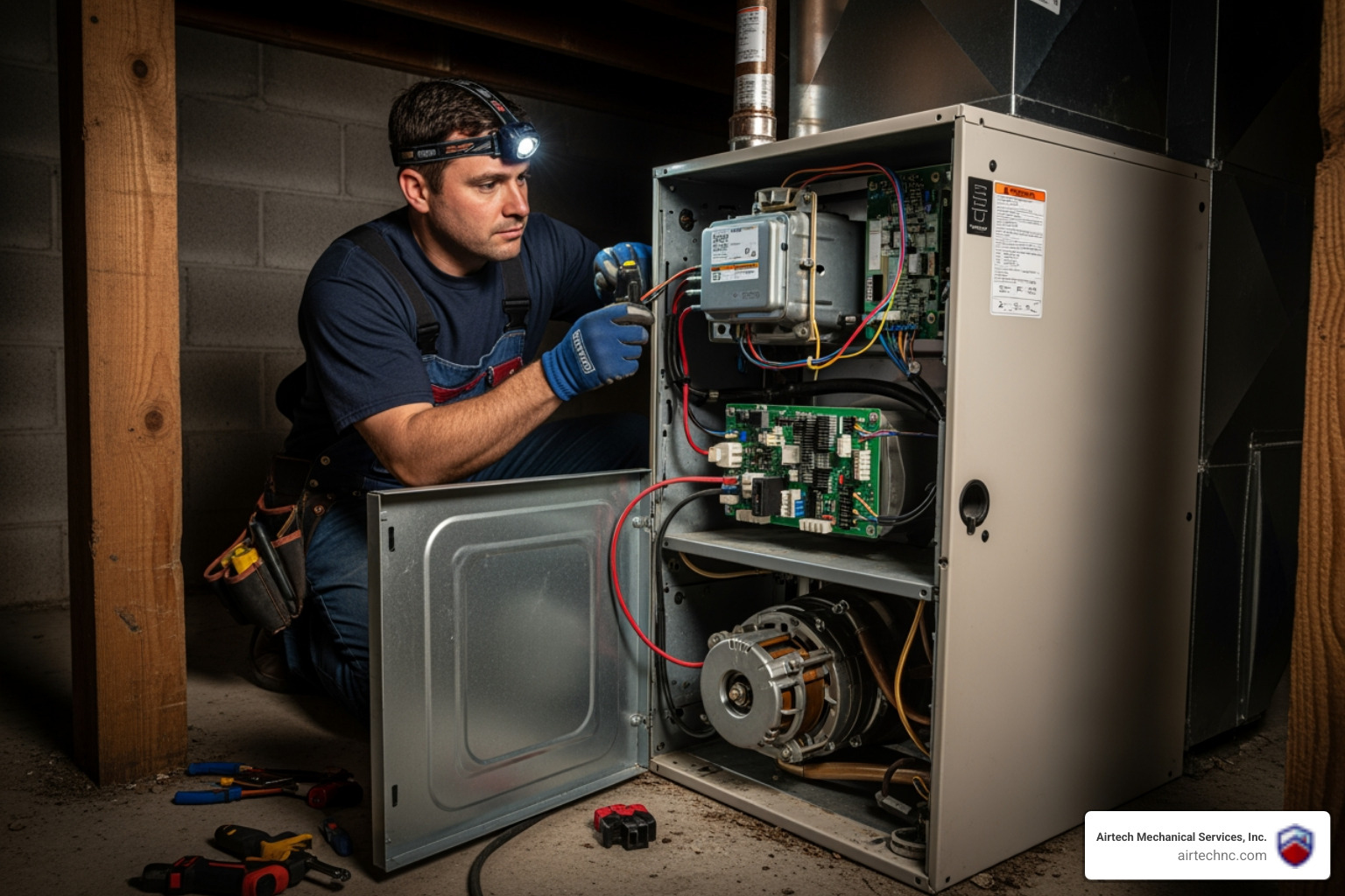 Infographic showing the 5 critical signs your furnace needs emergency repair: no heat production, loud banging or scraping sounds, smell of gas or burning, yellow or flickering pilot light, and carbon monoxide detector alarm - emergency furnace repair in hampstead, nc