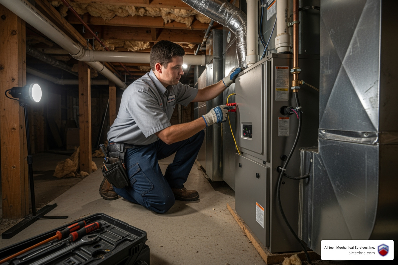 Infographic showing the complete furnace installation decision process: warning signs that indicate replacement is needed (age over 15-20 years, rising energy bills, frequent repairs, uneven heating, strange noises), factors to consider when choosing a new furnace (AFUE rating, proper sizing, fuel type, energy efficiency), the professional installation process steps (consultation, assessment, removal, installation, testing, walkthrough), and essential post-installation maintenance requirements (annual tune-ups, filter changes, warranty registration, maintenance agreements) - furnace installation company in new bern, nc