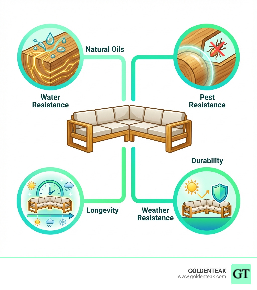 Infographic explaining the key benefits of teak wood for outdoor sectionals: natural oils, water resistance, pest resistance, and longevity. - Teak Sectional Sofa infographic 
