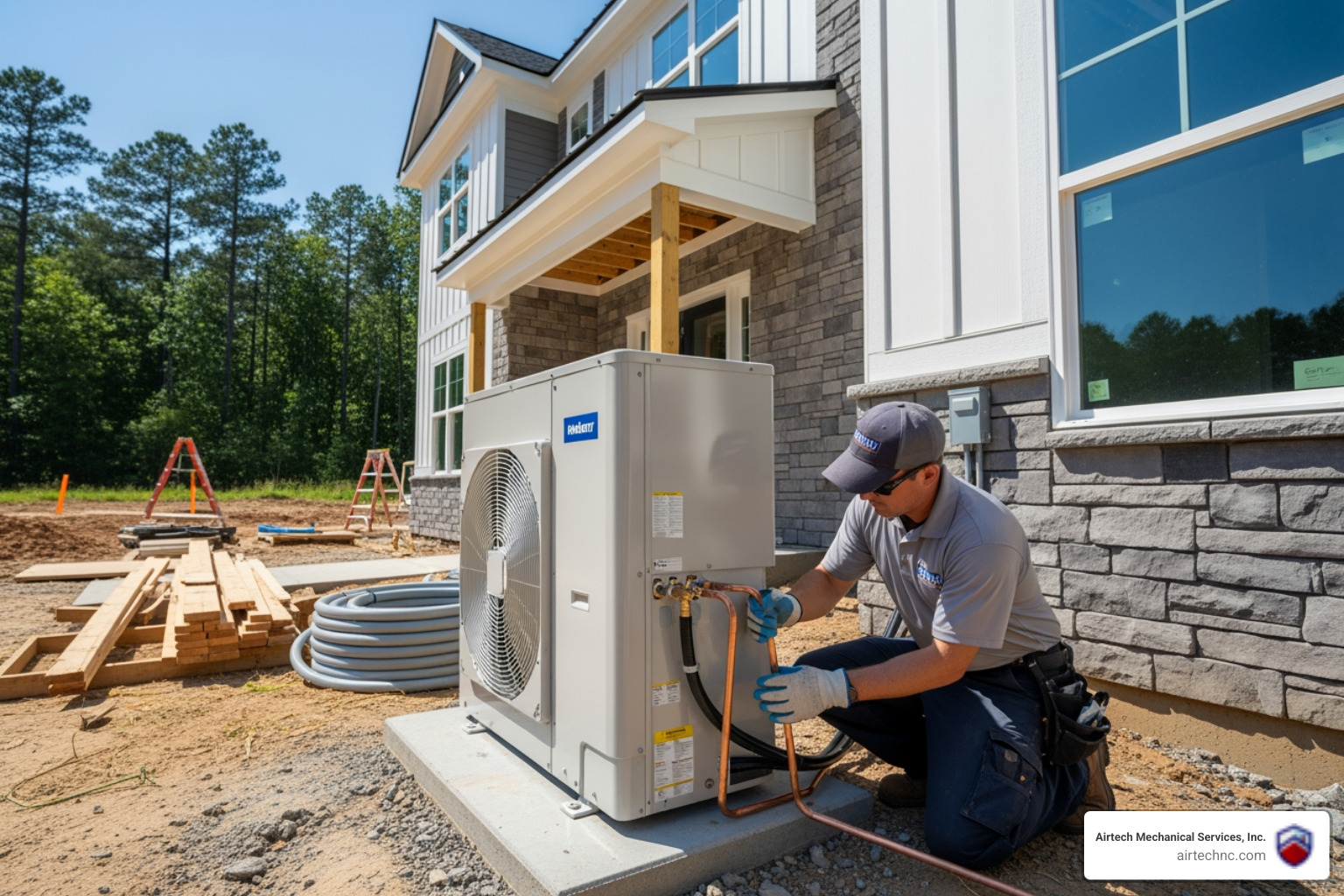 Infographic showing how heat pumps work: outdoor unit extracts heat from air in winter and transfers it indoors through refrigerant循环; in summer the process reverses, removing heat from inside and releasing it outdoors; includes arrows showing heat transfer direction for both heating and cooling modes, with labels for key components like compressor, refrigerant coils, and air handler - heat pump installation in new bern, nc