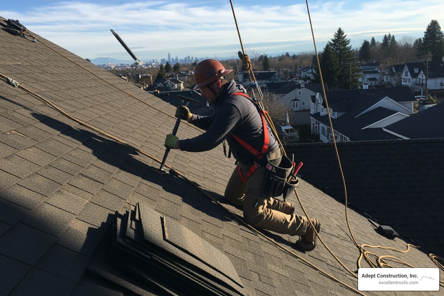 roofer on a steep roof, highlighting the complexity factor - cost to fix roof shingles
