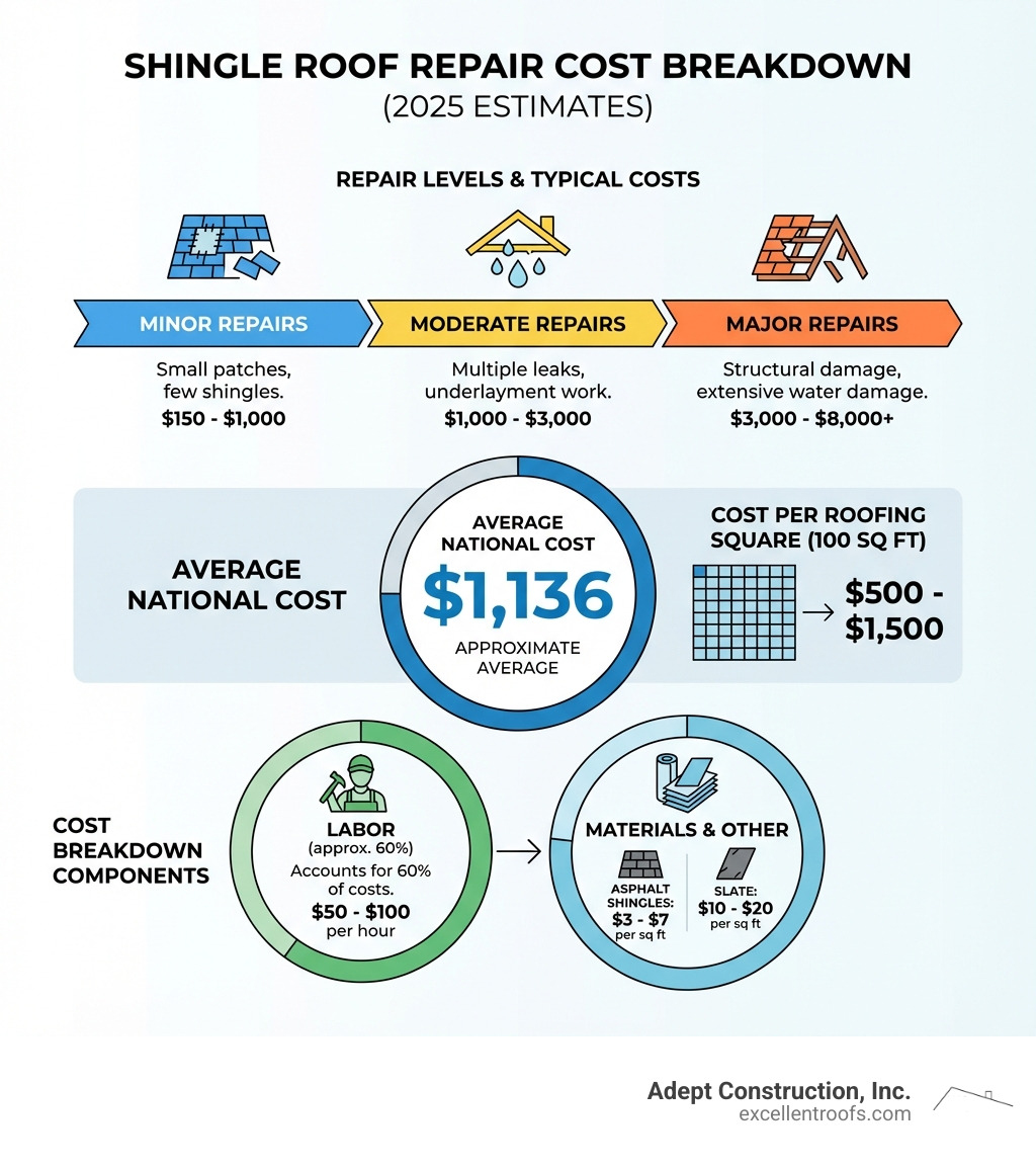Infographic showing cost breakdown for shingle roof repairs: Minor repairs $150-$1,000 for small patches and few shingles; Moderate repairs $1,000-$3,000 for multiple leaks and underlayment work; Major repairs $3,000-$8,000+ for structural damage and extensive water damage; Average national cost $1,136; Cost per roofing square (100 sq ft) $500-$1,500; Labor accounts for 60% of costs at $50-$100 per hour; Material costs vary by type from asphalt shingles at $3-$7 per sq ft to slate at $10-$20 per sq ft - cost to fix roof shingles infographic 