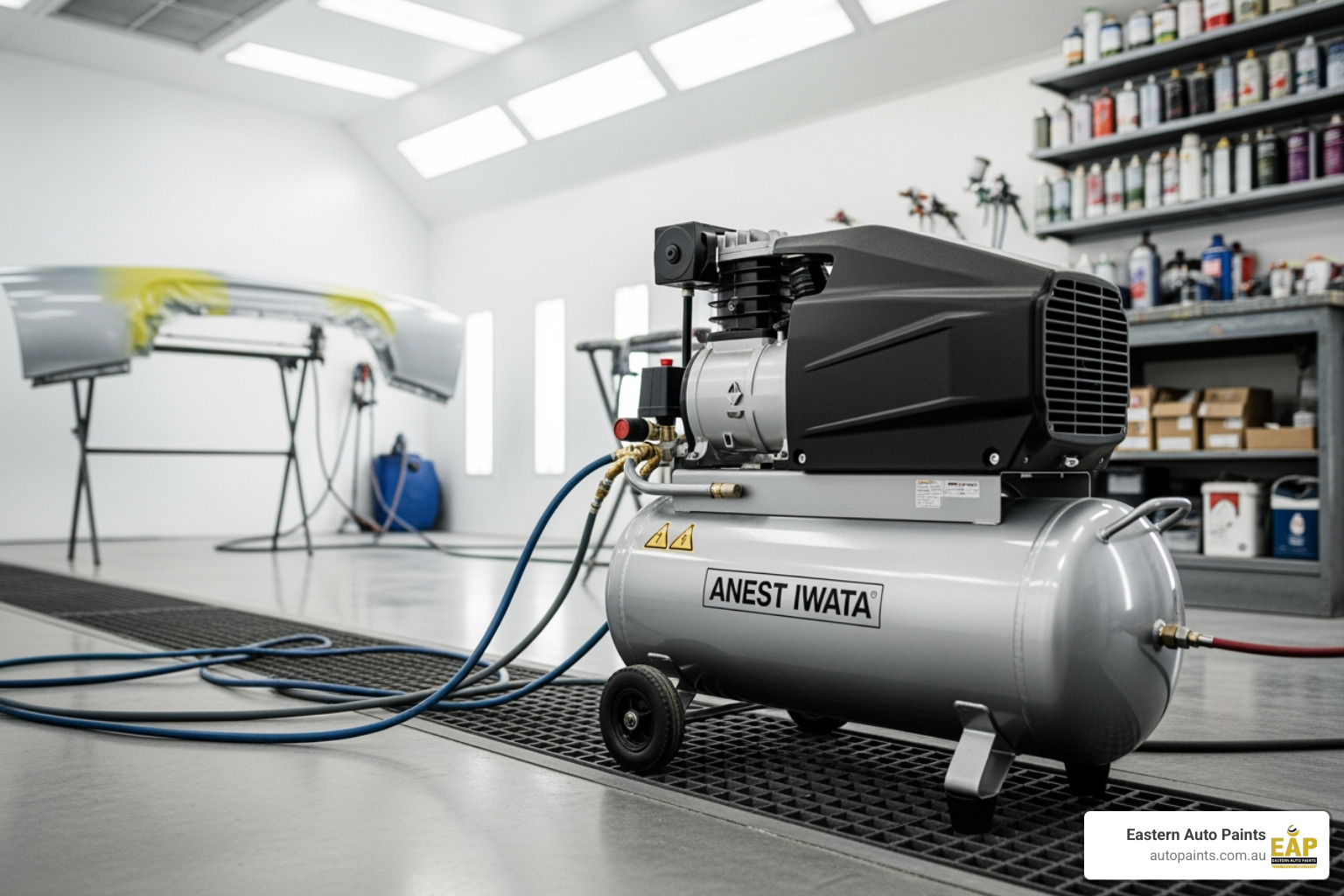 A professional Anest Iwata air compressor positioned in a clean automotive spray booth for painting prep.