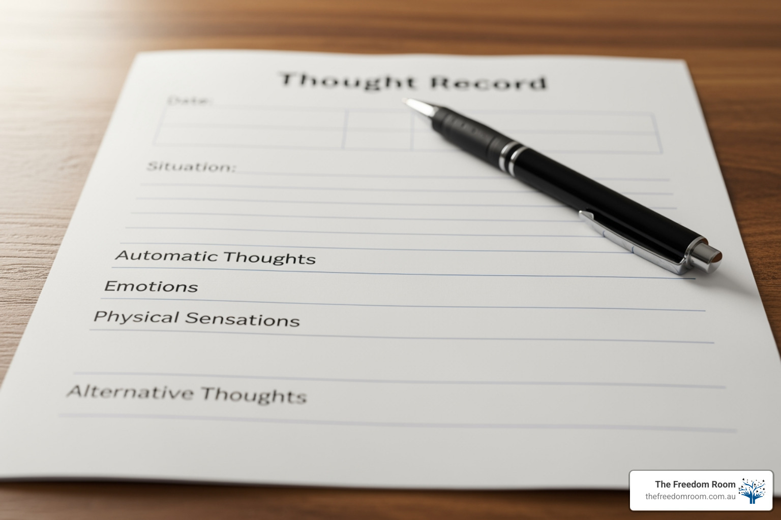 A "Thought Record" worksheet with a pen, used in cbt for addiction to track emotions and automatic thoughts.