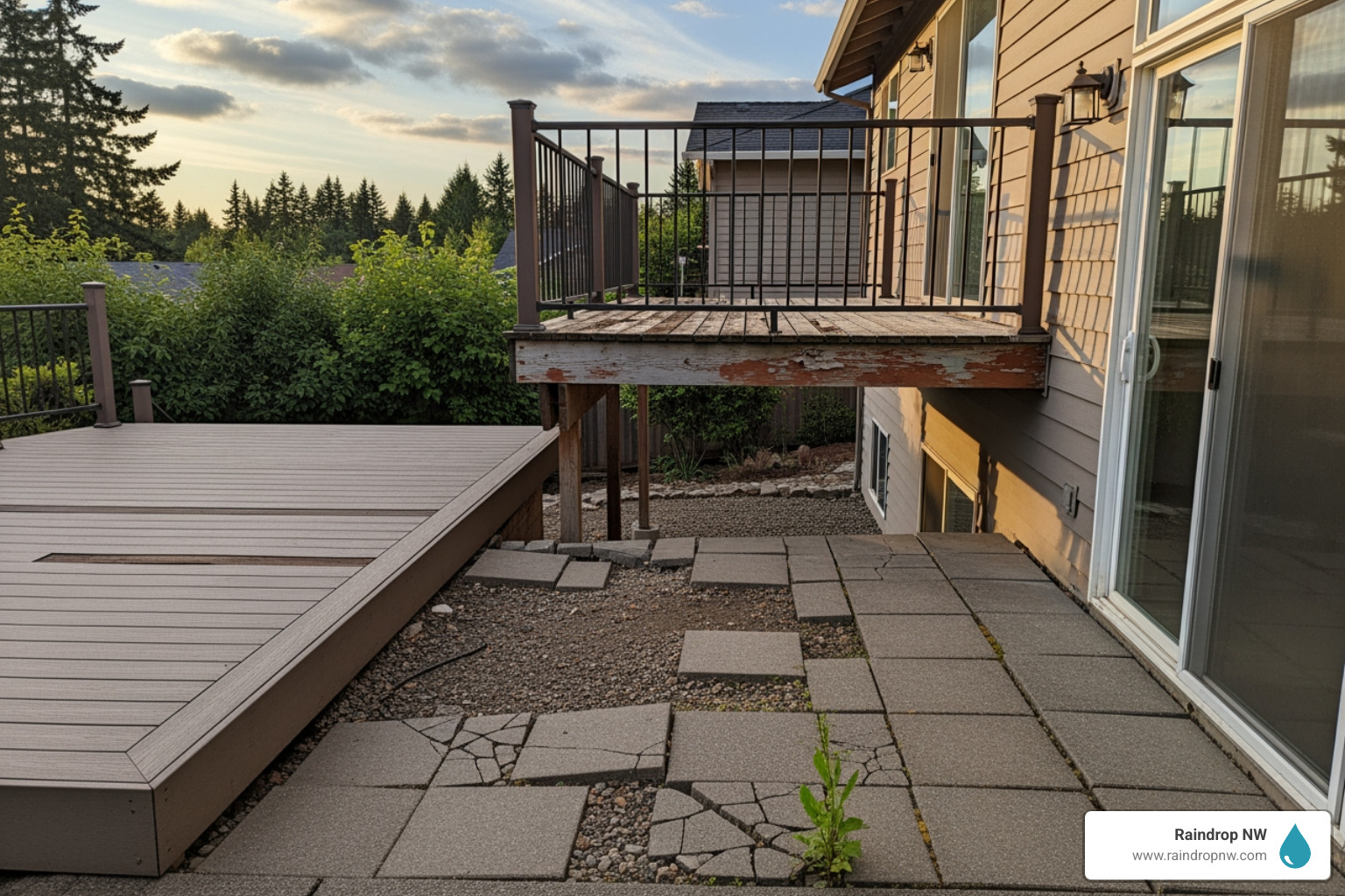 Infographic showing the top 5 signs of patio damage: 1. Spongy or soft wood indicating rot, 2. Visible cracks in boards or concrete, 3. Water pooling after rainfall, 4. Loose or wobbly railings and boards, 5. Moss growth and discoloration from moisture - "My patio was damaged. Who can I call to fix balconies, patios, and flat decks in Aloha, OR?" Infographic showing the top 5 signs of patio damage: 1. Spongy or soft wood indicating rot, 2. Visible cracks in boards or concrete, 3. Water pooling after rainfall, 4. Loose or wobbly railings and boards, 5. Moss growth and discoloration from moisture - "My patio was damaged. Who can I call to fix balconies, patios, and flat decks in Aloha, OR?"