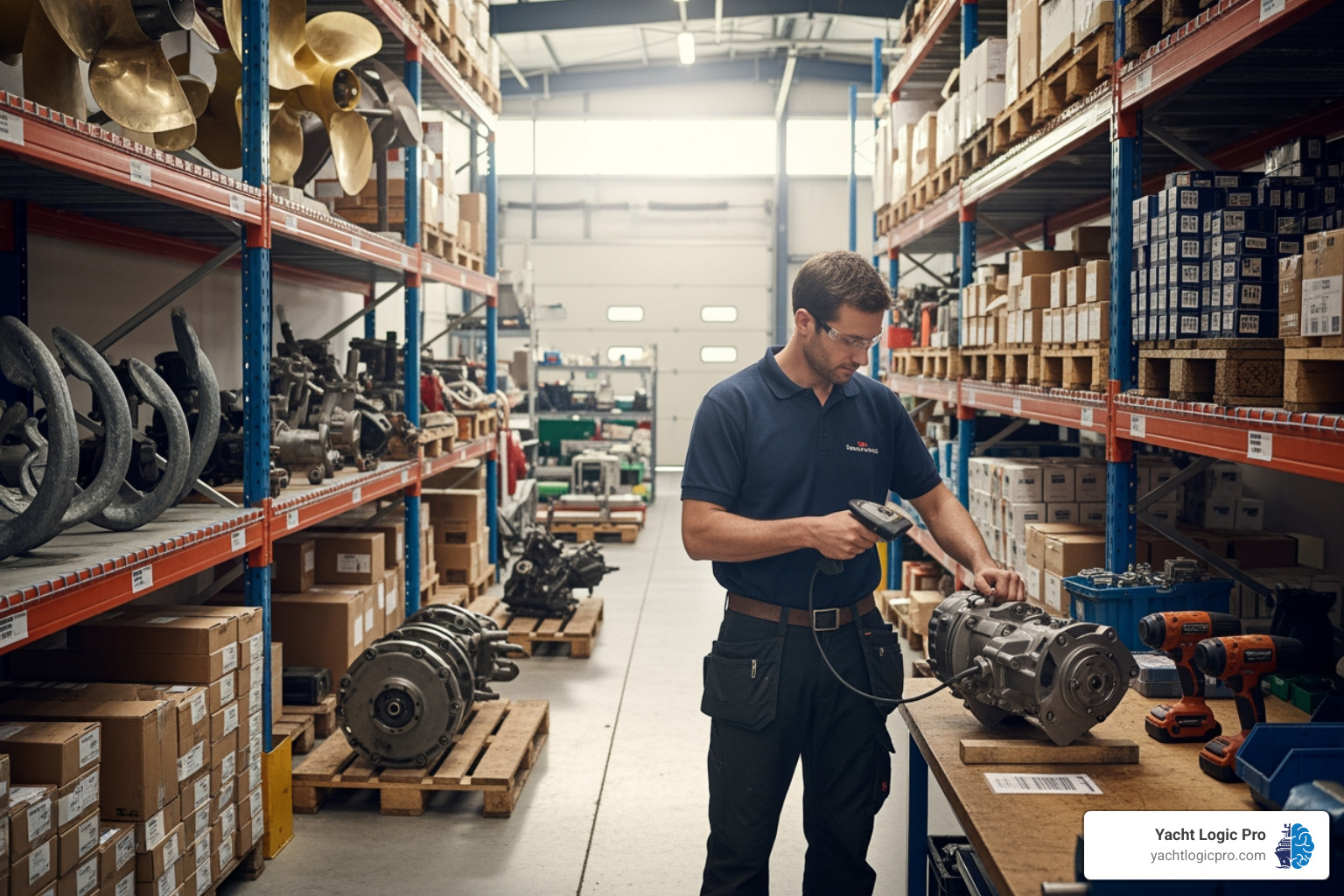 a well-organized parts inventory with a technician using a barcode scanner - boatyard management software