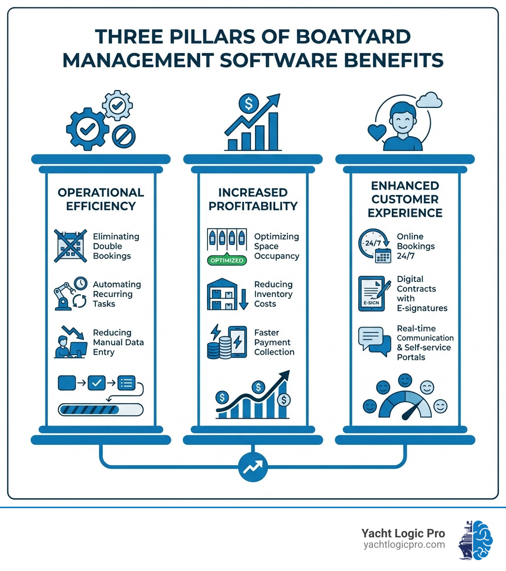 Infographic showing three pillars of boatyard management software benefits: Operational Efficiency (eliminating double bookings, automating recurring tasks, reducing manual data entry), Increased Profitability (optimizing space occupancy, reducing inventory costs, faster payment collection), and Enhanced Customer Experience (online bookings 24/7, digital contracts with e-signatures, real-time communication and self-service portals) - boatyard management software infographic 