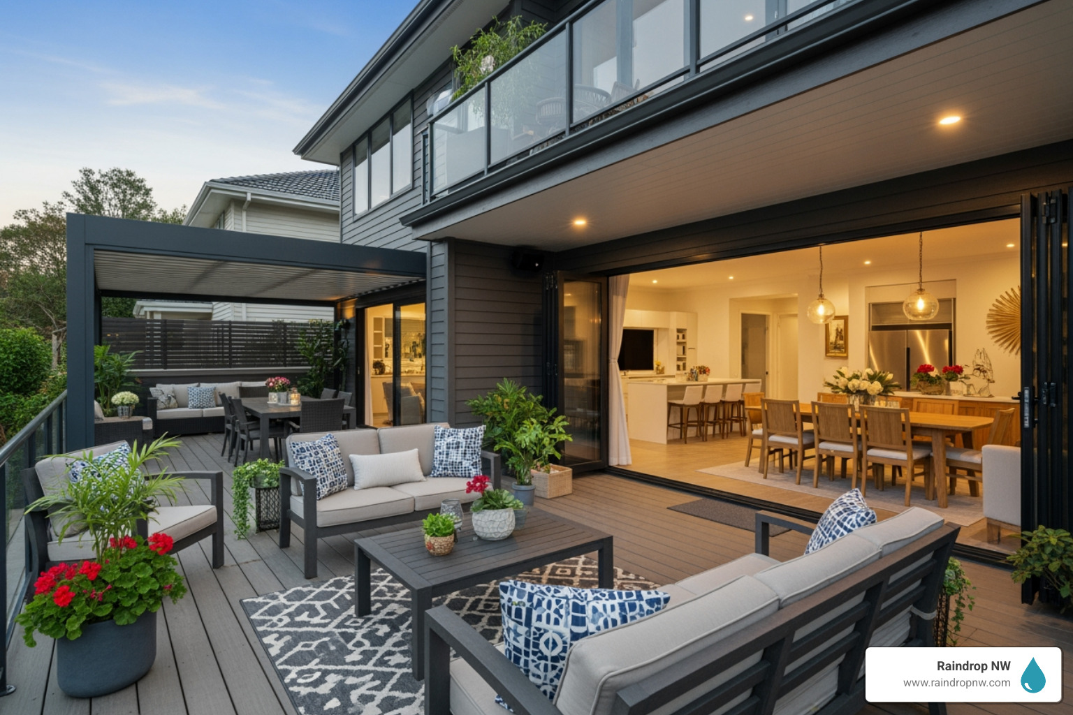 Infographic showing key benefits of outdoor structures: expanded living space for entertaining and relaxation, increased home value with ROI of 50-80%, year-round usability with proper covers and design, protection from Pacific Northwest rain and sun, custom designs that complement home architecture, and improved quality of life with direct nature access - What's the best company for balconies, patios, and flat decks in Vancouver, WA?