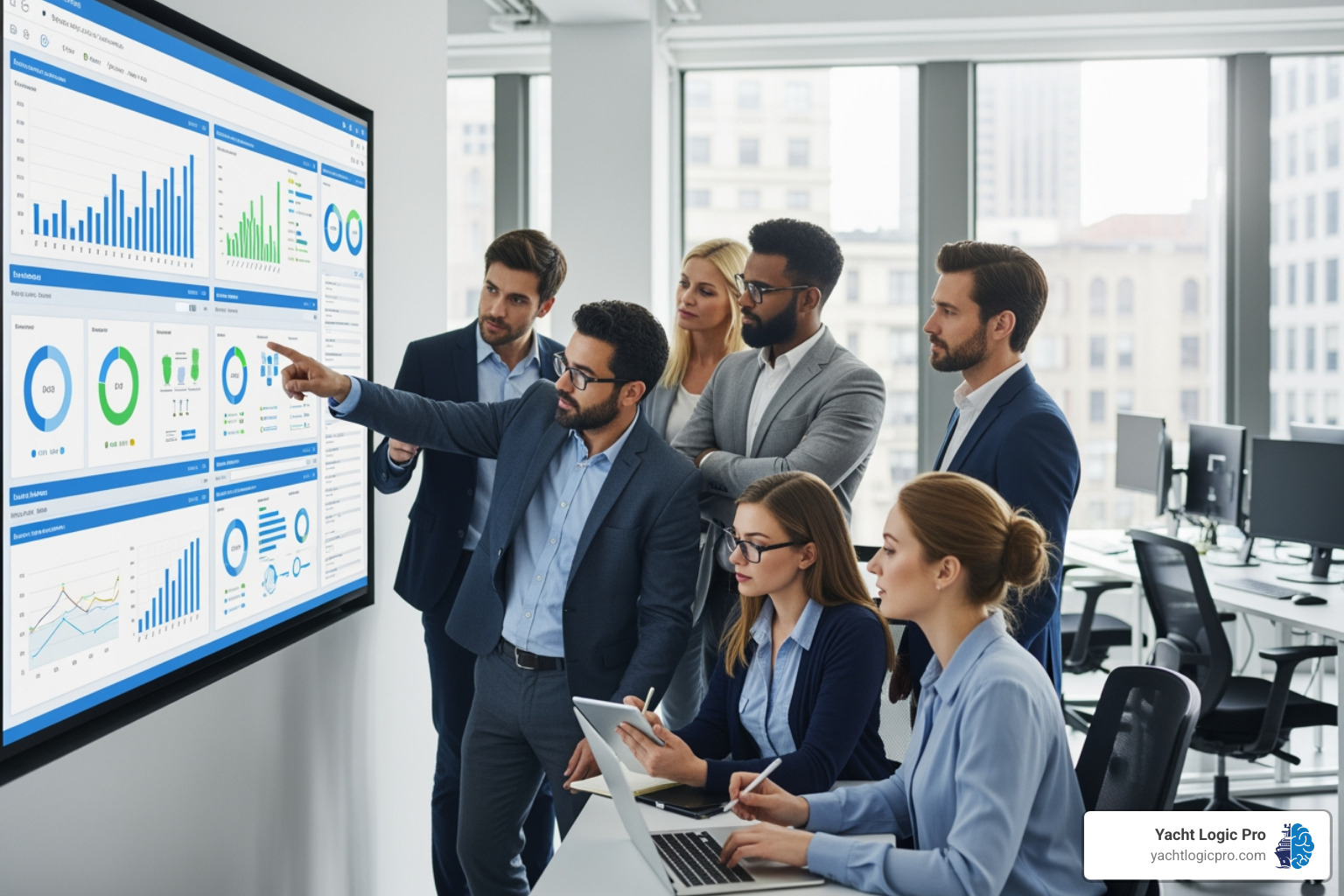 a diverse team collaborating around a large screen showing a workflow dashboard - Digital work flow