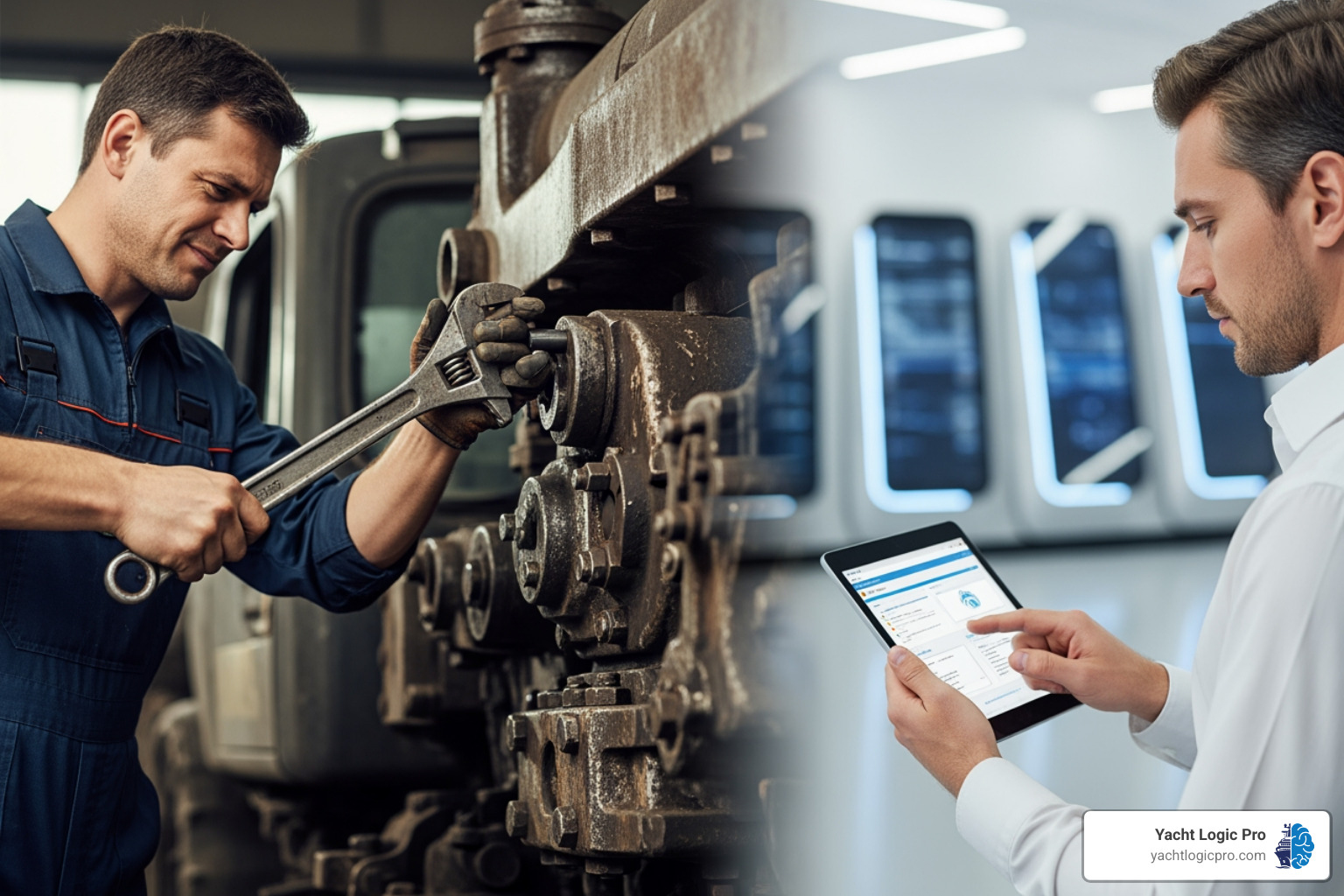 A split-screen showing a technician with a wrench on one side and a technician with a tablet on the other - AI powered maintenance