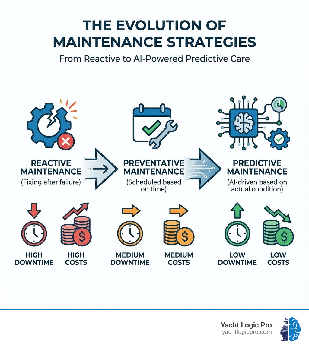 infographic showing the evolution from reactive maintenance (fixing after failure) to preventative maintenance (scheduled based on time) to predictive maintenance (AI-driven based on actual condition), with icons showing decreasing downtime and costs at each stage - AI powered maintenance infographic 