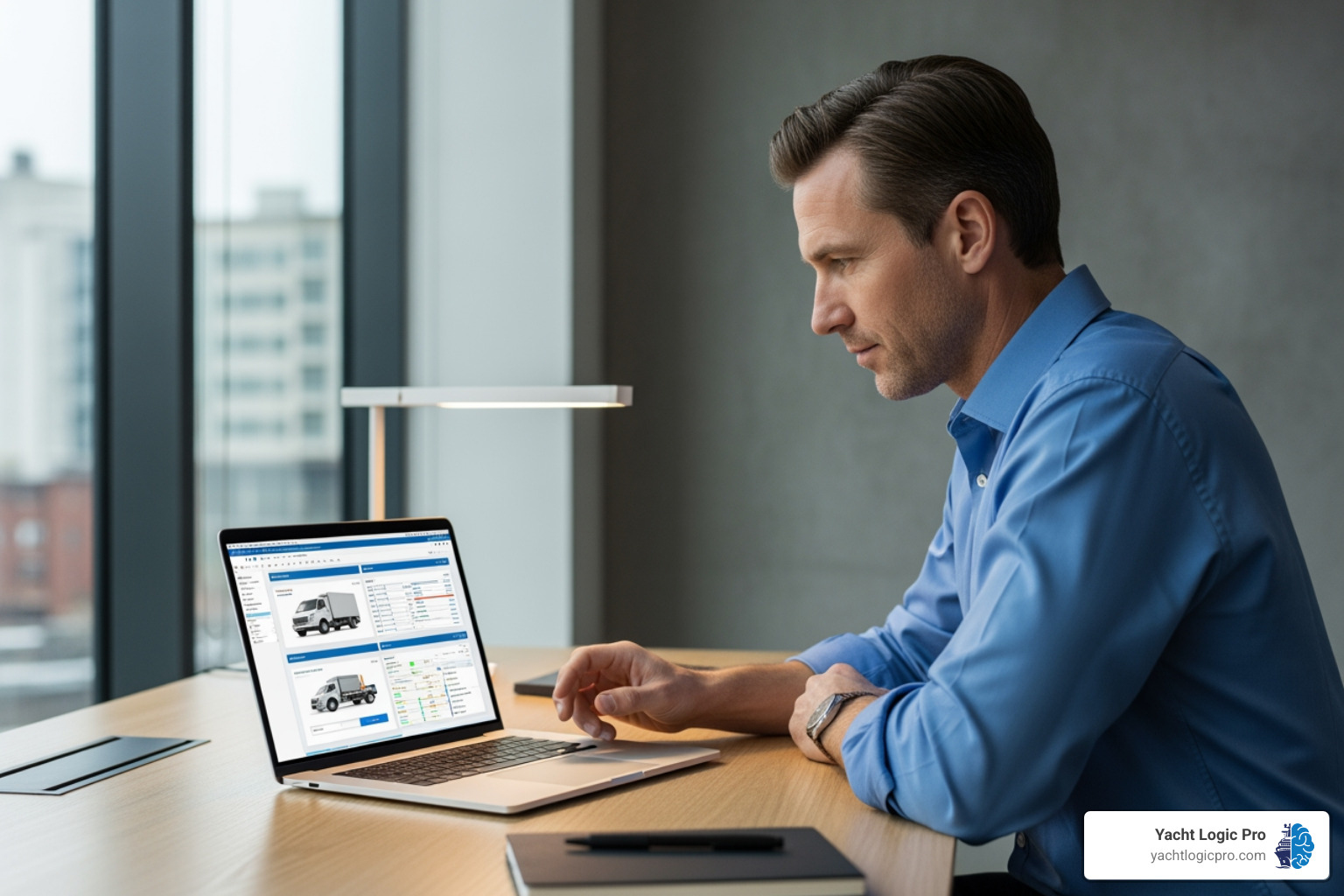 fleet manager comparing software features on a laptop - Vessel compliance software