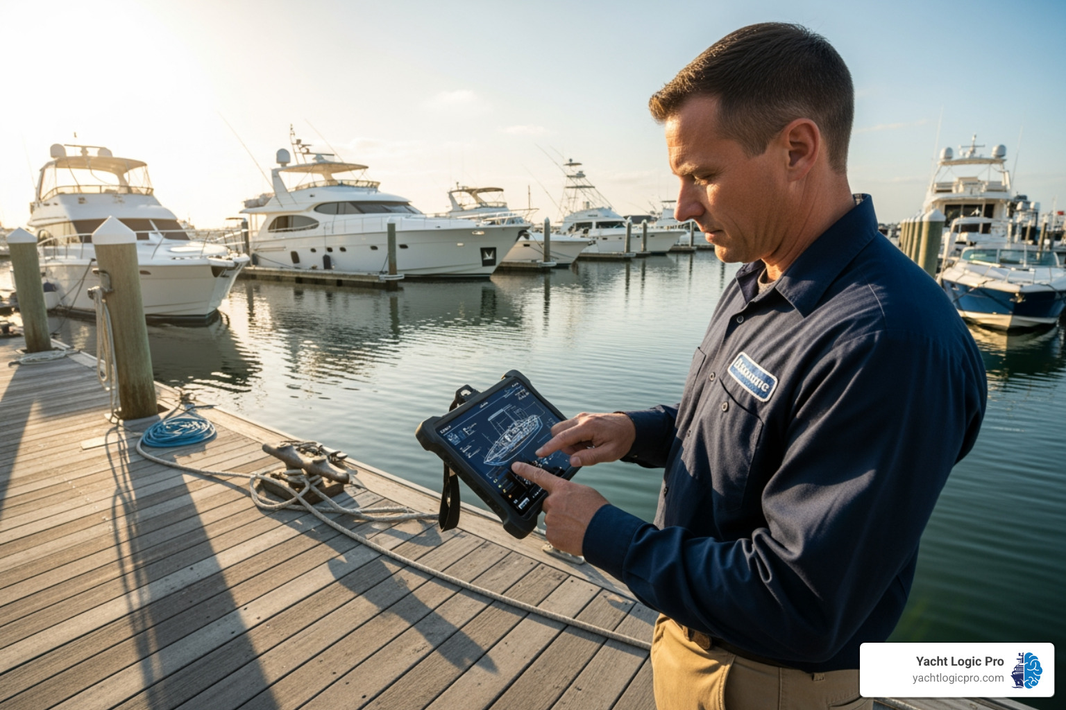 Technician using a tablet on a dock - marine software solutions Technician using a tablet on a dock - marine software solutions