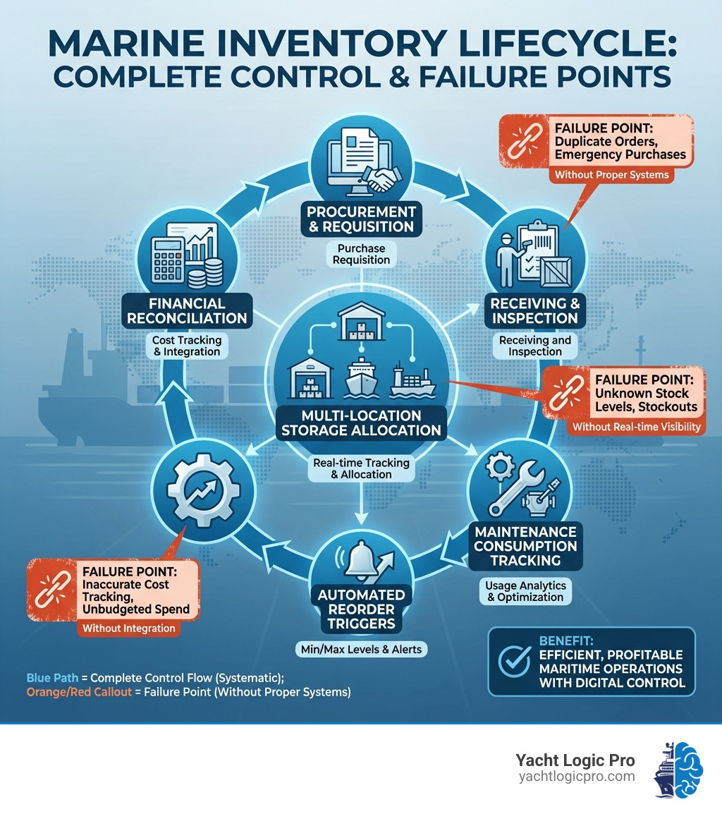 infographic showing the complete marine inventory lifecycle from procurement through usage, highlighting critical control points including purchase requisition, receiving and inspection, multi-location storage allocation, maintenance consumption tracking, automated reorder triggers, and financial reconciliation, with callouts showing failure points without proper systems such as duplicate orders, unknown stock levels, emergency purchases, and inaccurate cost tracking - Marine inventory management infographic 
