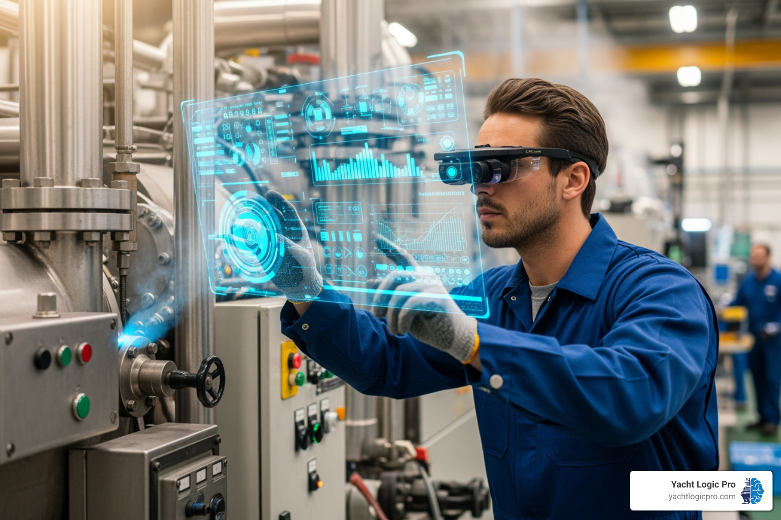 technician using AR glasses to view maintenance data on a piece of equipment - Intelligent maintenance system technician using AR glasses to view maintenance data on a piece of equipment - Intelligent maintenance system