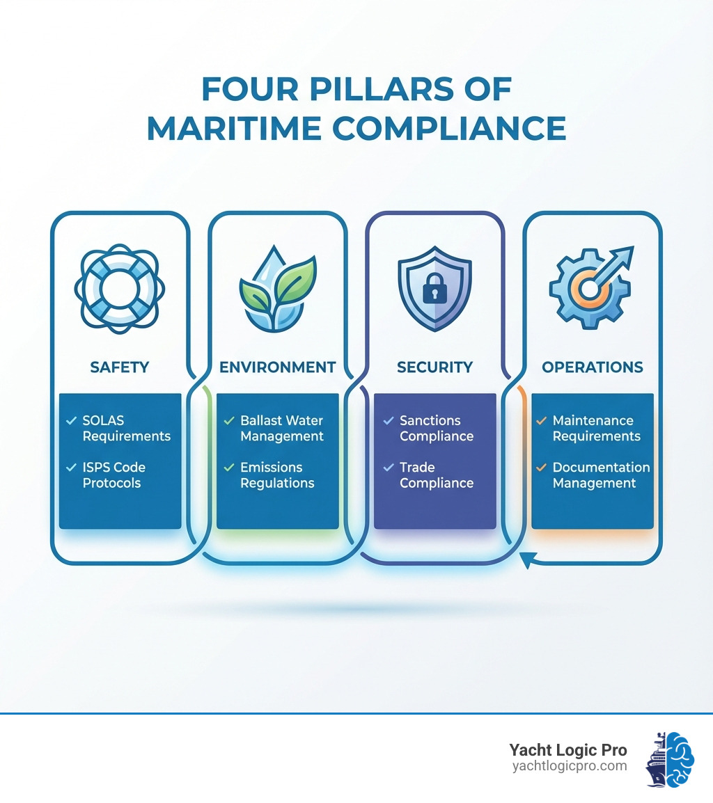 infographic showing four pillars of maritime compliance: Safety pillar with life preserver icon showing SOLAS and ISPS requirements, Environment pillar with leaf icon showing ballast water and emissions regulations, Security pillar with shield icon showing sanctions and trade compliance, and Operations pillar with gear icon showing maintenance and documentation requirements - Vessel compliance software infographic 
