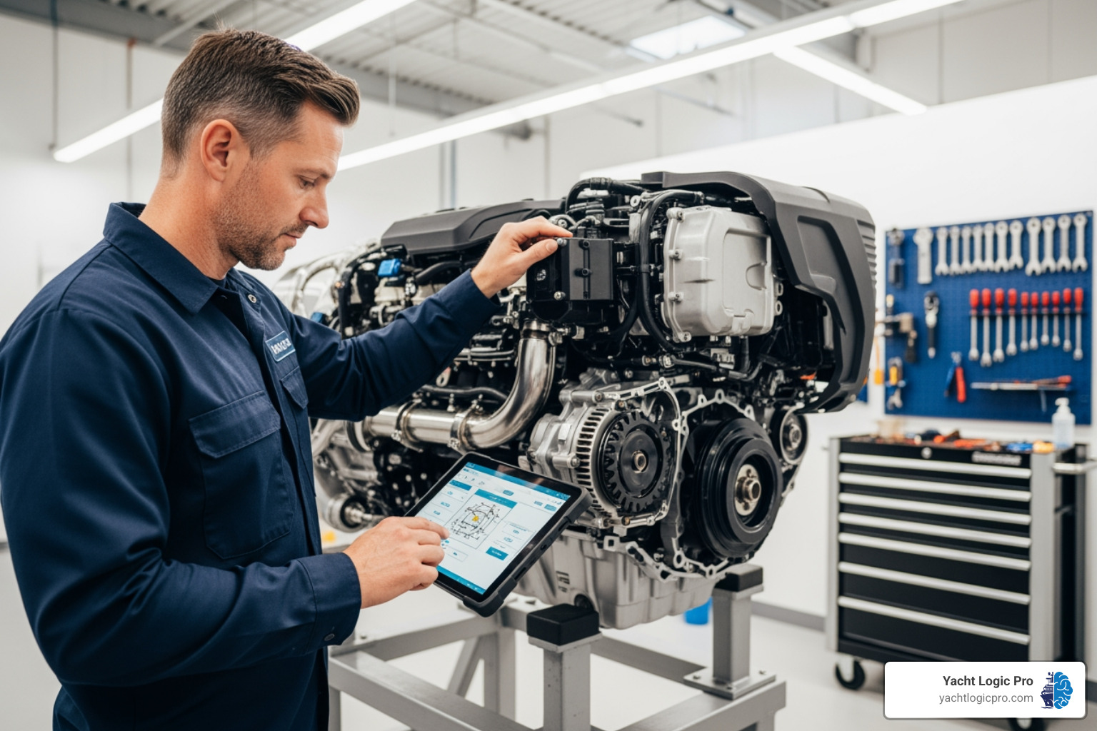 technician using a tablet to perform a digital inspection on an engine - marine workshop software