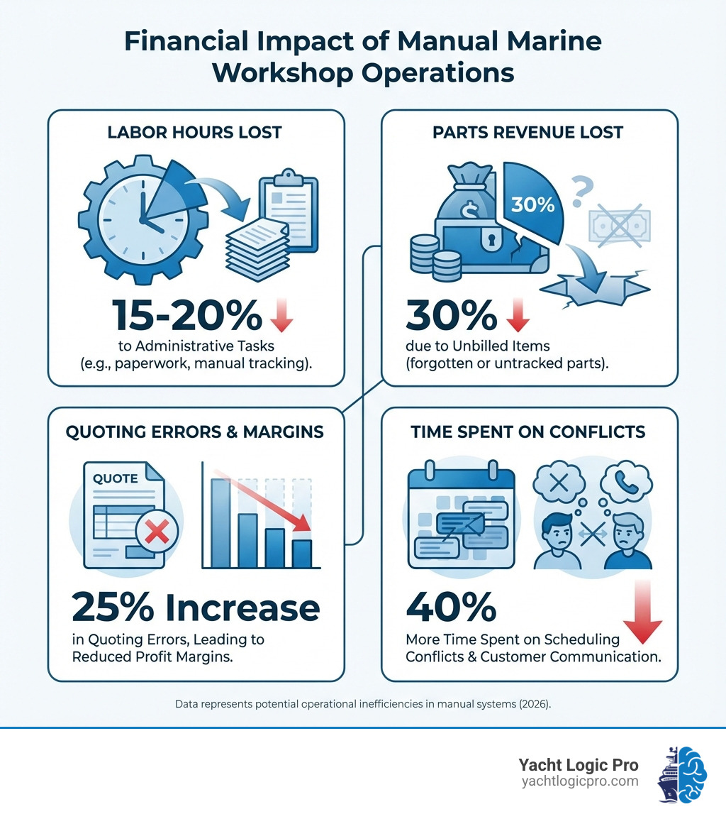 Infographic showing the financial impact of manual marine workshop operations: 15-20% of labor hours lost to administrative tasks, 30% of parts revenue lost due to unbilled items, 25% increase in quoting errors leading to reduced profit margins, and 40% more time spent on scheduling conflicts and customer communication - marine workshop software infographic 