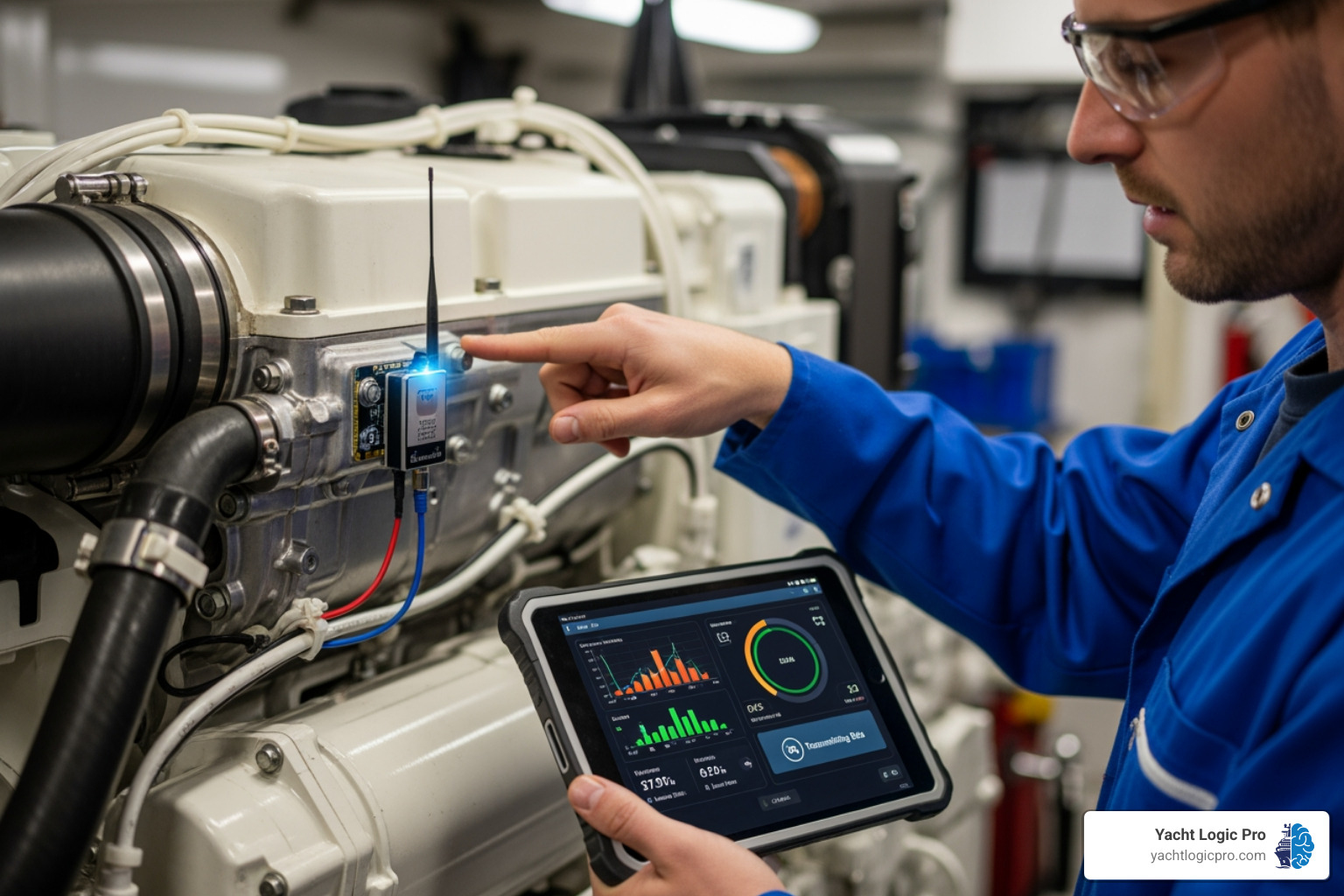 IoT sensor on an engine sending data to a tablet - Automated maintenance scheduling