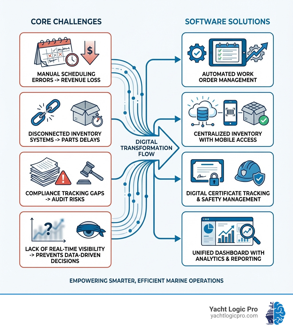 Infographic showing the core challenges facing marine businesses (manual scheduling errors leading to revenue loss, disconnected inventory systems causing parts delays, compliance tracking gaps creating audit risks, and lack of real-time visibility preventing data-driven decisions) with arrows pointing to corresponding software solutions (automated work order management, centralized inventory with mobile access, digital certificate tracking and safety management, and unified dashboard with analytics and reporting) - marine software solutions infographic Infographic showing the core challenges facing marine businesses (manual scheduling errors leading to revenue loss, disconnected inventory systems causing parts delays, compliance tracking gaps creating audit risks, and lack of real-time visibility preventing data-driven decisions) with arrows pointing to corresponding software solutions (automated work order management, centralized inventory with mobile access, digital certificate tracking and safety management, and unified dashboard with analytics and reporting) - marine software solutions infographic