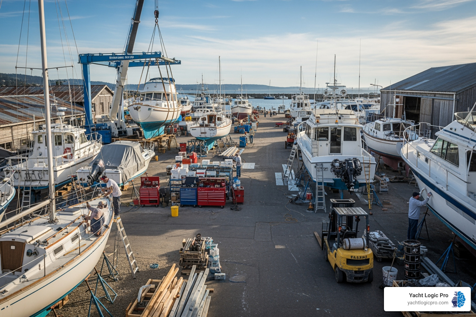 busy boatyard with multiple projects underway - Operational efficiency software