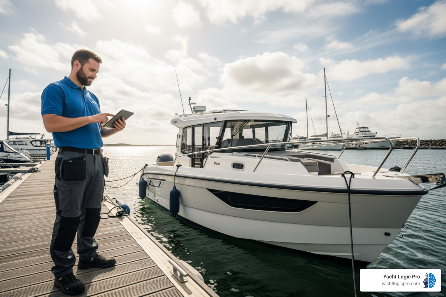 marine technician using tablet on dock - boat dealership management software marine technician using tablet on dock - boat dealership management software