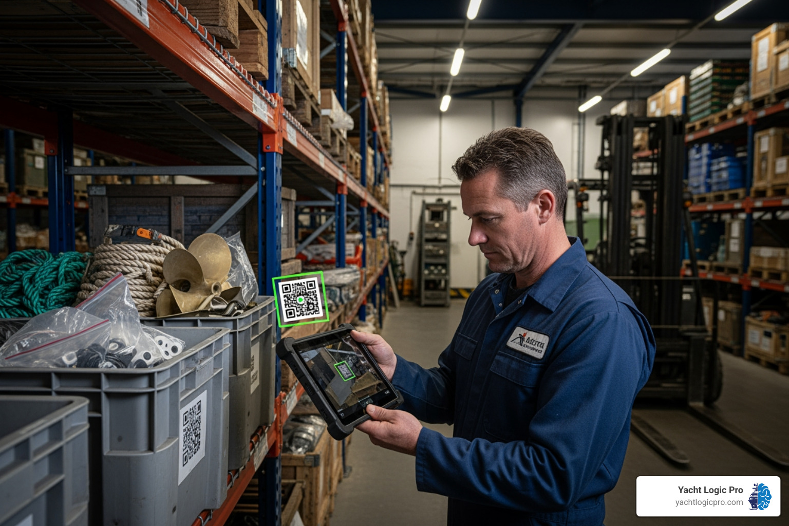 a technician using a tablet to scan a QR code on a part bin - Marine inventory management